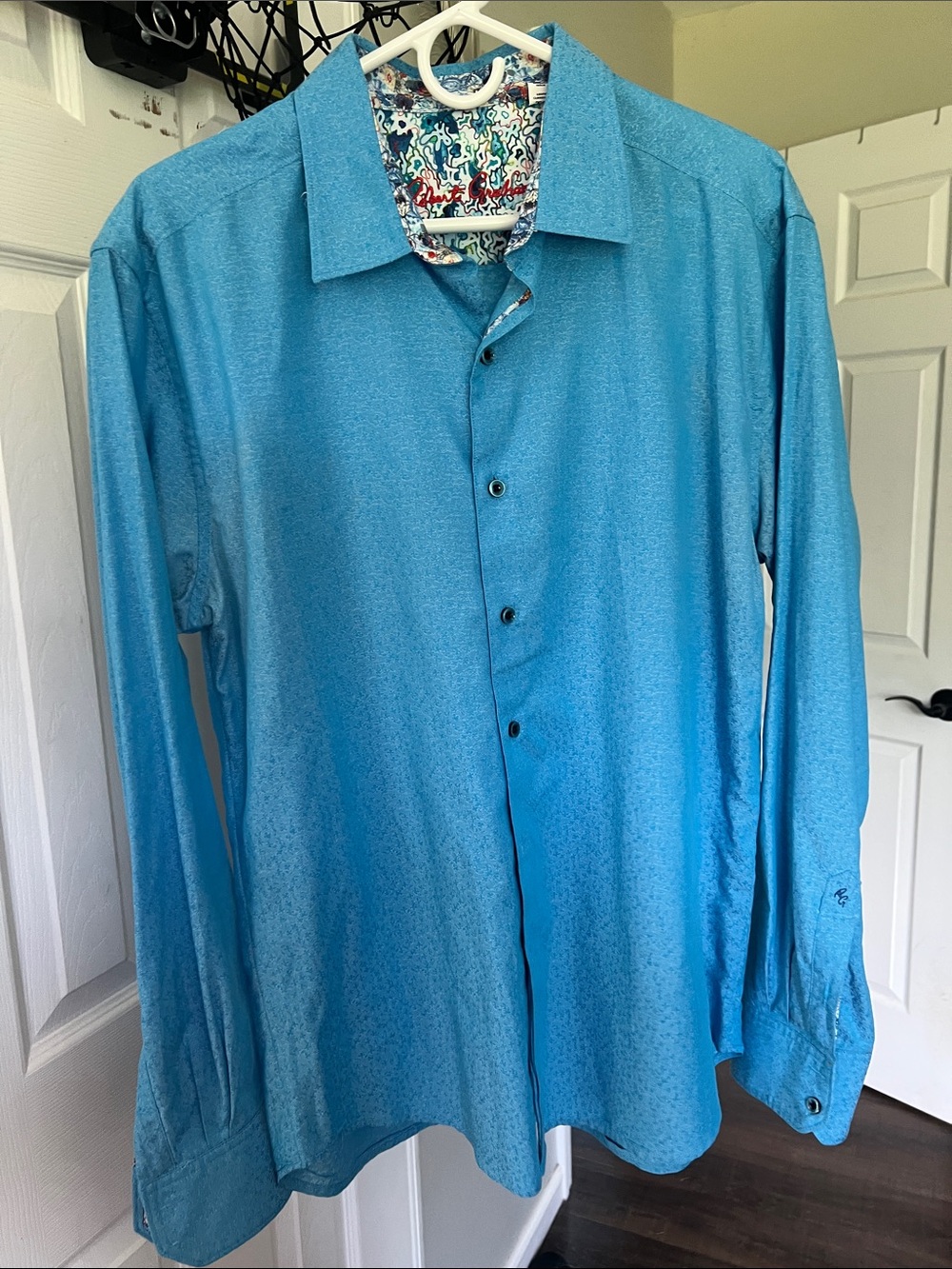 Robert Graham Turquoise Blue Long-Sleeve Dress Shirt with Patterned Inner Collar